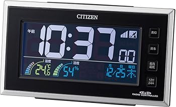 【中古】リズム(RHYTHM) シチズン 目覚まし時計 電波時計 デジタル カラー 液晶 温度 湿度 カレンダー 表示 AC電源 24時間 LED 点灯 黒 CITIZEN パルデジ｜AJIMURA-SHOP