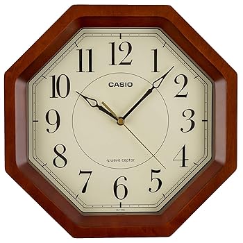 【中古】CASIO(カシオ) 掛け時計 電波 ブラウン 直径29.5cm アナログ 八角 木枠 IQ-1106J-5JF