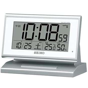 【中古】セイコークロック(Seiko Clock) 目覚まし時計時辰儀 自動小銃点灯 電磁波 デジタル 暦 体温 湿度 見せびらかす 夜でも見える しろがね色 メタリック SQ768S SEIKO