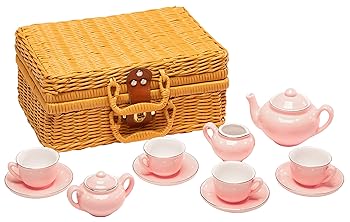 【中古】(pink) - MMP Living Children's 13 Piece Porcelain Play Tea Set with wicker style basket - Pink