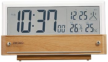 【中古】セイコークロック(Seiko Clock) 置き時計 目覚まし時計 電波 デジタル カレンダー 温度湿度表示 シースルー液晶 薄茶木目模様 本体サイズ:10.7×