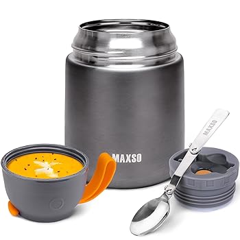 【中古】MAXSO スープサーモス 熱い食べ物用 17オンス ステンレススチール 真空断熱ランチボックス 大人用 スプーン付き 漏れ防止 保温フードジャー オフ