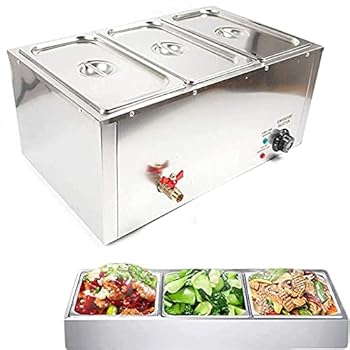 【中古】JKLQ 電気ビュッフェベインマリーフードウォーマー/ 850W業務用スチームテーブルスチーマースープポット、温度制御付き大容量,3pan
