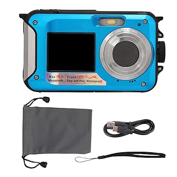 【中古】防水デジタルカメラ、2.7K 48MP 10フィート水中カメラ、屋外用16Xデュアルスクリーンデジタルカメラ(青)