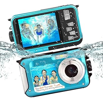 【中古】【未当て嵌める】雨合羽デジタル写真機 2.7K 48MP デュアル映写幕 セルフィー 16倍望遠レンズ 10フート 水中写真機 シュノーケリング用 青み