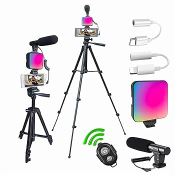 【中古】Peanutech ビデオブログキット iPhone用 YouTubeスターターキット RGBライト付きVlogカメラキット 伸縮三脚ショットガンマイクジャックアダプタ