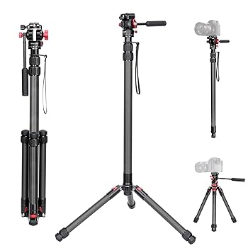 【中古】【未使用】Koolehaoda カメラ用三脚カーボンファイバー一脚 軽量 3段階伸縮 全高185cm ビデオ雲台付き取り外し可能な三脚ベース 最大耐荷重15キロ DSLR/Can