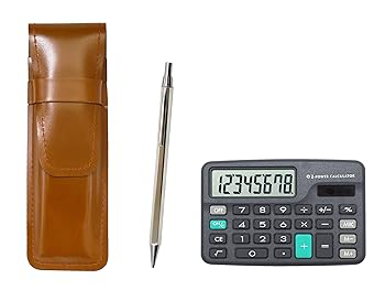 【中古】【未使用】ミニ電卓付 スリム牛革ペンケース茶 Z66全身シルバー 6角ノック金属シャープペンセット T23-D-ASC-Z66SS