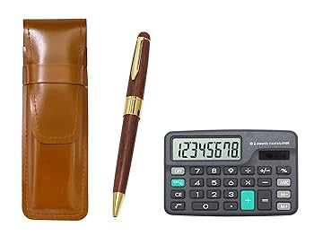 【中古】【未使用】ミニ電卓付 スリム牛革ペンケース茶 木軸ロイヤルボールペンセット T23-D-ASC-1446S