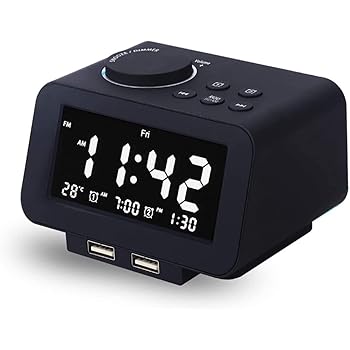 【中古】【未使用】デジタルアラームクロック、 FM.ラジオ、デュアル USB充電ポート、温度検出、7つのアラーム音を持つデュアルアラーム、我らプラグ