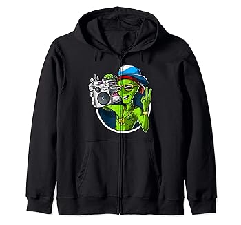 【中古】【未使用】スペースエイリアンラジカセヒップホップラップミュージックラッパーヒッピー面白いギャングスタサイエンスフィクション ジップパーカー
