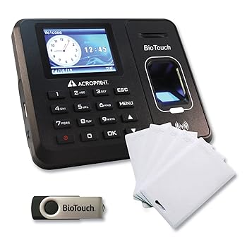 【中古】Acroprint Biotouch 出勤記録時計と徽章バンドル、従業員10,000人、黒いこと