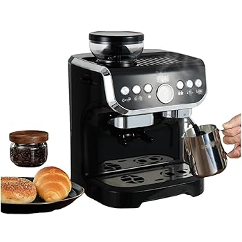 【中古】【未使用】エスプレッソマシーン ミルク泡立て器付きコーヒーメーカー スチームワンド内蔵 豆挽き器 、ス エスプレッソマシン (ブラック)