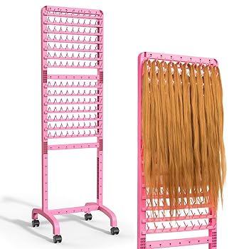 【中古】Yumkfoi 調節可能な編組ラック 280ペグ、両面編みヘアラック、車輪付きブレイダー用ヘアラック、ピンクのヘアセパレーターブレイドラック スタイ|AJIMURA-SHOP