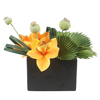 【中古】【未当て嵌める】かざり付ける用の造花 鉢付き添い人オレンジ色造花 かざり付ける用のフェイクフラワー 身寄りや執務室、一覧表用の造花申し合わせ 造花 草木