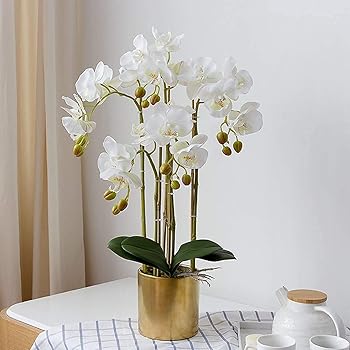 【中古】造花、鉢植えの造花、人工胡蝶蘭アレンジメント、花瓶付きフェイク蘭盆栽、ウェディングパーティーホームセンターピース装飾（ホワイト）
