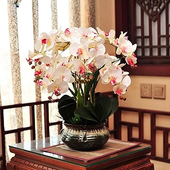 【中古】【未使用】造花、鉢植えの造花、花瓶付き人工胡蝶蘭、ウェディングパーティー、ダイニングテーブルセンターピースの装飾用の人工胡蝶蘭鉢植え植物（ホワイ｜AJIMURA-SHOP
