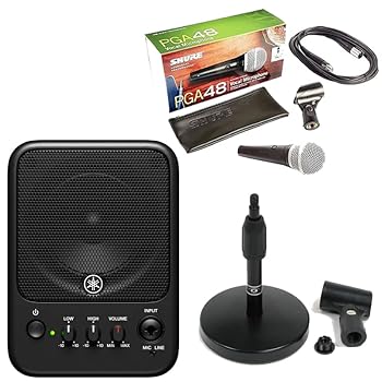 【中古】【未使用】ヤマハ MS101-4 パワードスピーカー マイク入力(XLR)も搭載した モニター スピーカー + PGA48XLR スイッチ付マイク + AD11 卓上スタンド セット|AJIMURA-SHOP