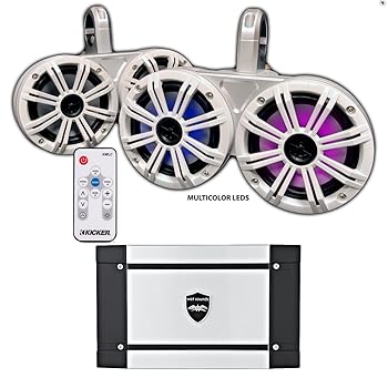 【中古】Kicker ホワイトデュアルウェイクタワーシステム ホワイト6.5LEDスピーカー4個付き LEDリモートおよびウェットサウンド HT-4 400ワット マリンア