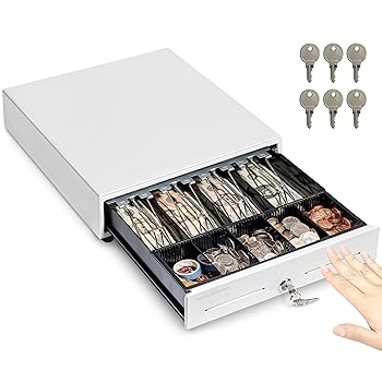 【中古】【未使用】13インチ 手動プッシュオープン キャッシュレジスター引き出し POSシステム用 ホワイト 高耐久ティール 紙幣4枚とコインスロット5つ付き キーロ