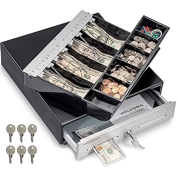 【中古】POSシステム用ミニキャッシュレジスター引き出し 13インチ 正方形 ブラック ステンレススチール製フロント 取り外し可能 2段キャッシュトレイ 4