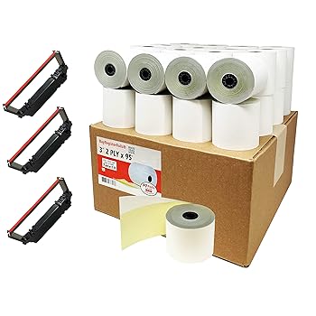 【中古】(30ロール+3リボン) 2層カーボンレスロール 3インチ x 95フィート ホワイト/イエロー レシートペーパー POSキャッシュレジスター ホワイト/カナ