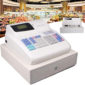【中古】【未当て嵌める】木目細か鍵盤付き添い人陰電子現ナマ金銭登録器、積み立てる箱およびサーマルプリンター付き添い人48足懸かり商用現ナマ金銭登録器、ショッピングセンター用、白いこと