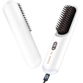 【中古】【未使用】コードレスストレートヘアアイロンブラシ-ホワイト