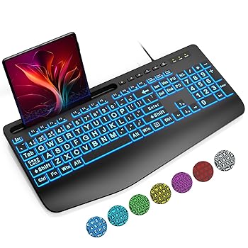【中古】SABLUTE 大型プリントバックライトキーボード 有線USBコンピューターキーボード 7色バックライト リストレスト 携帯電話ホルダー 見やすく入力し