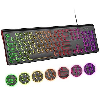 【中古】Atelus USB 有線キーボード バックライト付き 7色 フルサイズキーボード レトロキーキャップ付き テンキーとメディアホットキー コンピューター