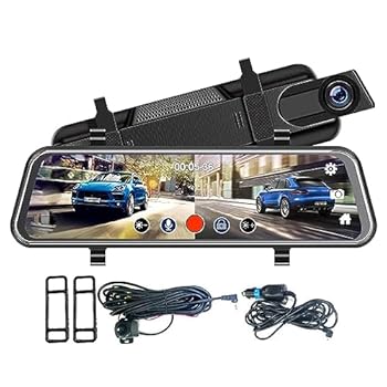 【中古】【未使用】バックミラードライブレコーダー - 1080p を備えた 10 インチ リアミラー カメラ,動体検知、ナイトビジョン、カーアクセサリー、広角、ループ録