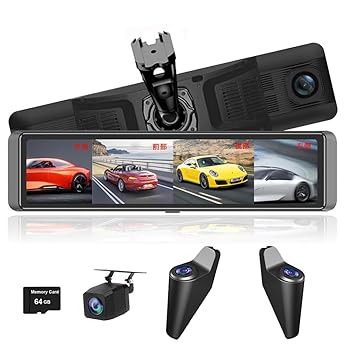 【中古】自動車4ウェイドライブレコーダ360°パノラマモニタ左前右後ろ4K+1080P*3 wifi APP ADAS BSD 12インチ特殊ステントミラーIPSスクリーン防水サメ