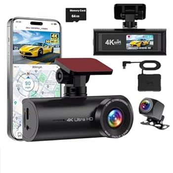 【中古】4Kダッシュカム フロント&リア、車用デュアルカメラ、内蔵Wi-FiアプリコントロールGPSトラック、UHD 2160P車DVR、ナイトビジョン、ループ録画Gセ