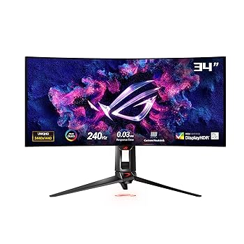 【中古】【未当て嵌める】ASUS 有機EL 曲線状の形 ウルトラ広広とした ゲーミングモニター ROG Swift OLED PG34WCDM (34in/曲線状の形OLED/240サイクル/0.03ms/G-SYNC?相応う/VESA DisplayHDR