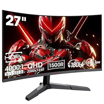 【中古】KOORUI ゲーミングモニター WQHD 27インチ 湾曲モニター 180Hz 1ms(GTG) 1500R Adaptive Sync HDR 傾き調節 HDMI DP VESA 27E6QCA