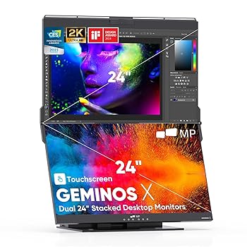 【中古】Geminos デュアル モバイルモニター 24インチ タッチパネル対応 WQHD 1440P IPS 75Hz LED 99％SRGB 14ms 2画面 折りたたみ式 ウェブカメラ Mac W