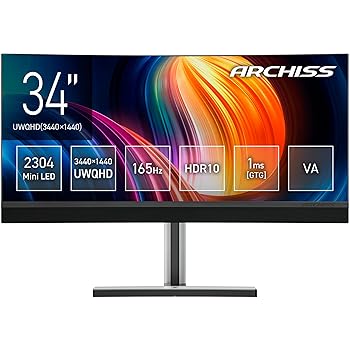 【中古】【未当て嵌める】ARCHISS 管する 見せびらかす 34in UWQHD 曲面 Mini LEDうしろ側ともし火 ともし火薄墨色 AS-MC34MWQ165A ディスプレイ-パソコン・周辺機器