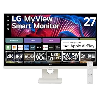 【中古】【未使用】LG スマートモニター 27SR73U-W/LG MyView Smart Monitor / 27インチ 4K / webOS 23 / IPS / 約10.7億色表示(8bit+FRC) / DCI-P3 90% / アンチグ