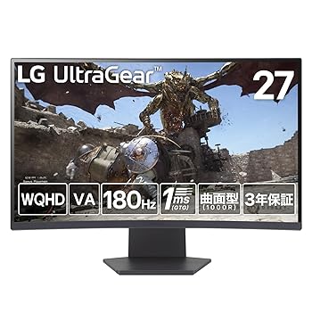 【中古】LG ゲーミングモニター LG UltraGear 27GS60QC-B 27インチ/PCゲーム、家庭用ゲーム/WQHD(2560×1440)/曲面型VA(1000R)/アンチグレア/180Hz/1ms(|AJIMURA-SHOP