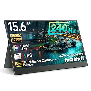 【中古】Intehill モバイルモニター 240Hz 15.6インチ Fast IPS・FreeSync・HDR対応 2ms応答速度・sRGB 100%・CNCアルミボディ採用 USB-C \u0026 HDMIポート搭
