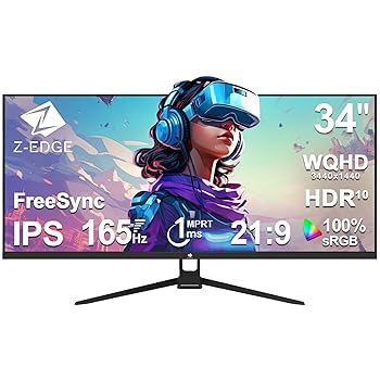 【中古】Z Z-Edge(ゼロエッジ) ウルトラワイド ゲーミングモニター 34型 165Hz 1ms IPS WQHD(3440x1440) AMD FreeSync対応 PIP/PBP機能搭載 フレームレス