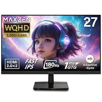【中古】MAXZEN ゲーミングモニター モニター 27インチ 180Hz WQHD 1440P 1ms HDMI2.0×2 DP1.4×2 ブルーライトカット フリッカーレス 27型 ノングレア