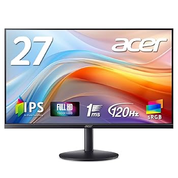 【中古】【未使用】Acer モニター 27インチ フルHD IPS 非光沢 120Hz 1ms sRGB 99% Adaptive-Sync HDMI 1.5 ミニD-Sub 15ピン ヘッドホン端子・スピーカー搭載 VESA