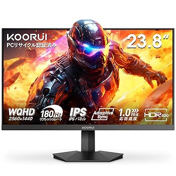 【中古】KOORUI ゲーミングモニター 24インチ WQHD (2560x1440) 180Hz 1ms (GTG) Fast IPSパネル Adaptive Sync対応/DCI-P3 90%/HDR400/ HDMI×2/DP ブル