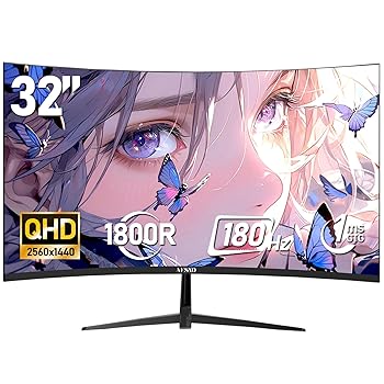 【中古】AESNO 32インチ ゲーミングモニター WQHD (2560x1440) 180Hz/165Hz PCディスプレイ 曲面 1800R VAパネル 1MsGtG HDMI*2 DisplayPort*2 VESA角度