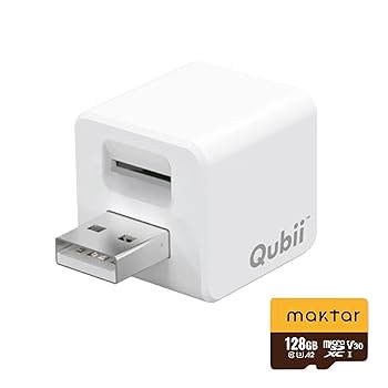 【中古】【未使用】Maktar Qubii (microSD 128GB付) 充電しながら自動バックアップ iphone usbメモリ ipad 容量不足解消 写真 動画 音楽 連絡先 SNS データ 移行 SD｜AJIMURA-SHOP