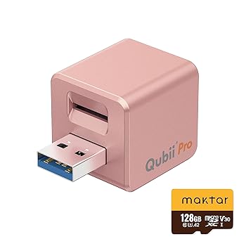 【中古】【未使用】Maktar Qubii Pro ローズゴールド (microSD 128GB付) 充電しながら自動バックアップ iphone usbメモリ ipad 容量不足解消 写真 動画 音楽 連絡先