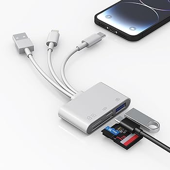 【中古】2024最新 iPhone 16 15 14 13 12 iPad 用 SD 歌留多指導者、Lightning+Type C+USB A 繋ぎ - SD/TF 歌留多アダプター (SD SDHC SDXC/Micro SD