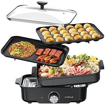 【中古】ANFILANK ホットプレート たこ焼き器付き 焼肉プレート 3枚のプレート付き 蓋付き 多機能 温度調節機能 1~3人用 急速沸騰 1200W お手入れ簡単 メ
