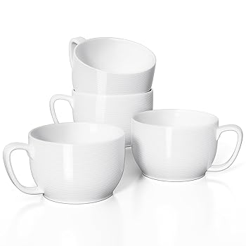 【中古】Teocera - Tazas de sopa con asas, juego de 4 tazas de caf? blancas, dise?o de rayas, tazas de porcelana jumbo de 24 onzas para caf?,